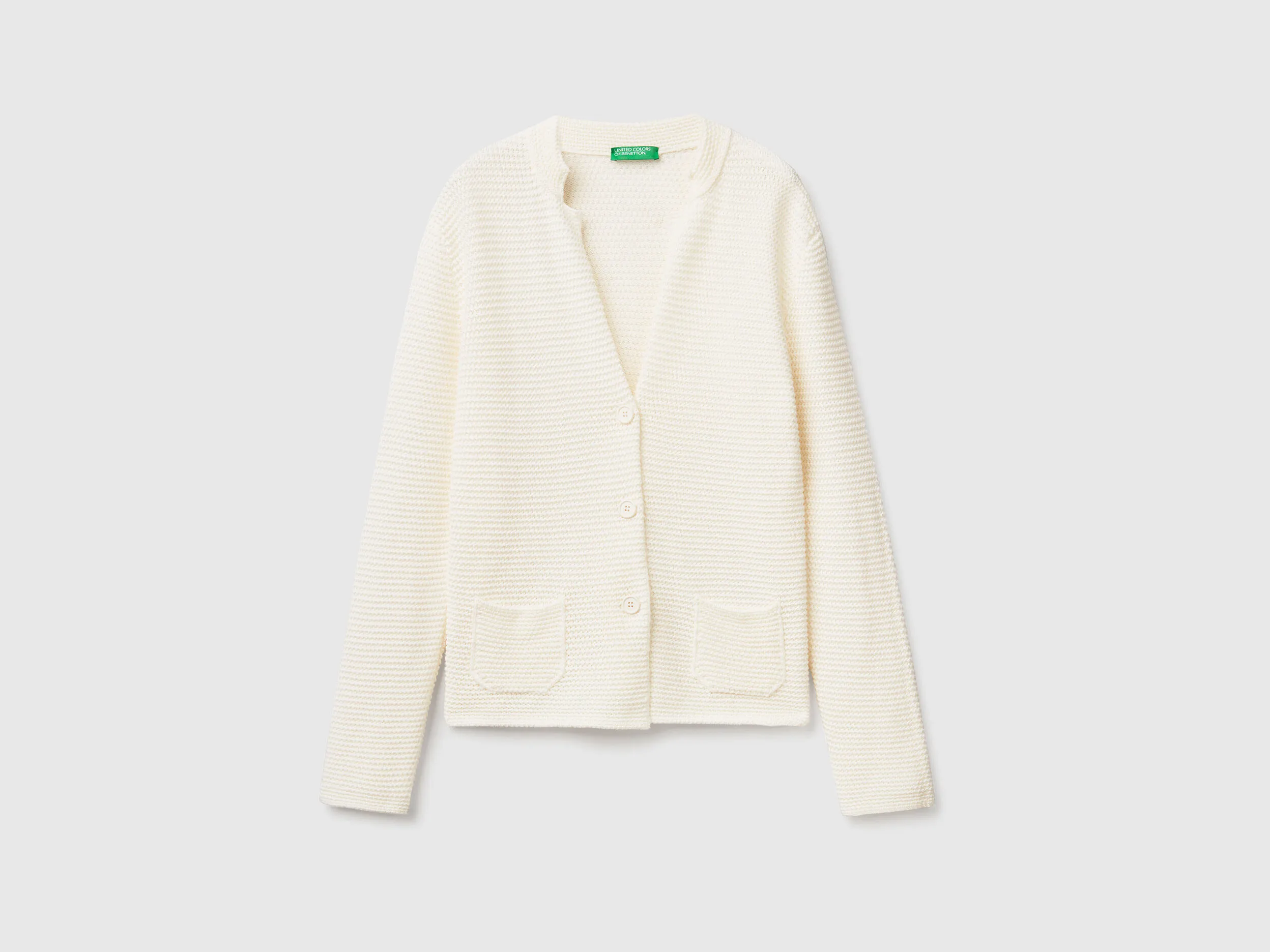 100% cotton knit jacket - Creamy White | Benetton