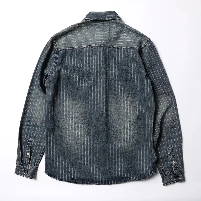 2023 Innovative Denim New Arrival Stripe Denim Full Turn-down Collar Open Stitch Striped Men Casual Shirts