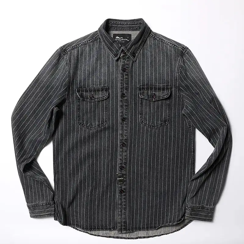 2023 Innovative Denim New Arrival Stripe Denim Full Turn-down Collar Open Stitch Striped Men Casual Shirts