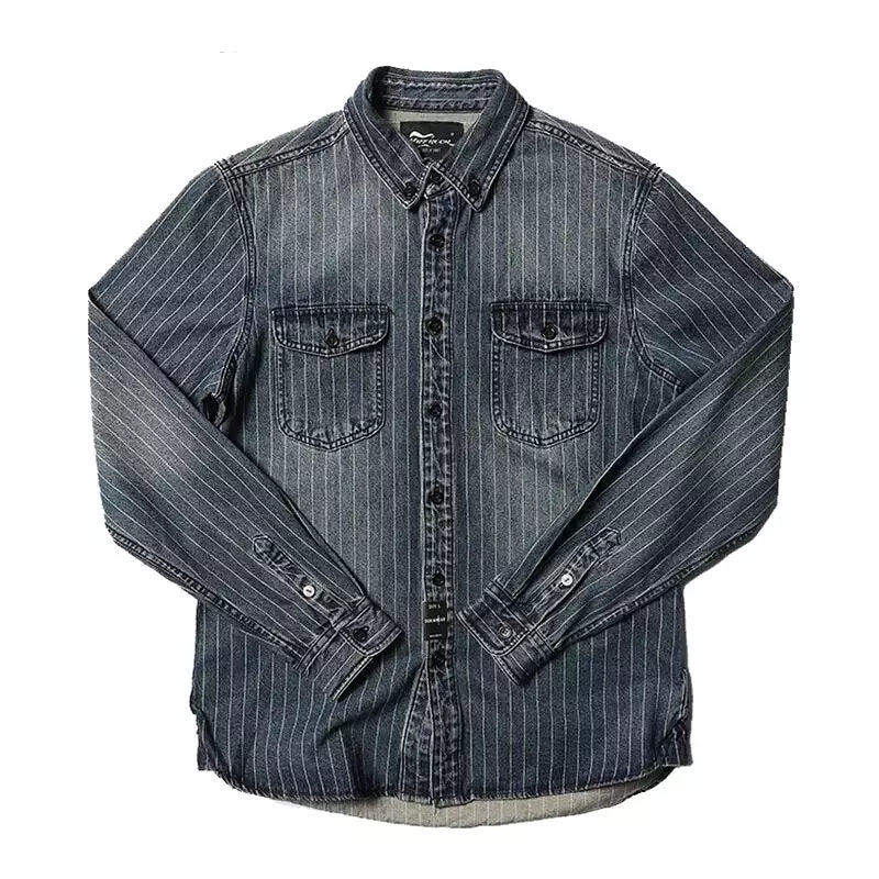 2023 Innovative Denim New Arrival Stripe Denim Full Turn-down Collar Open Stitch Striped Men Casual Shirts