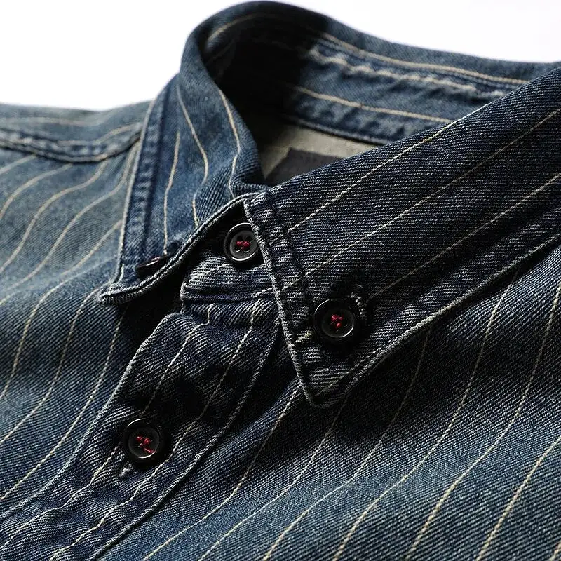 2023 Innovative Denim New Arrival Stripe Denim Full Turn-down Collar Open Stitch Striped Men Casual Shirts