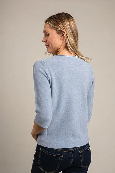 3/4 Sleeve Fitted Cotton Sweater - Navy