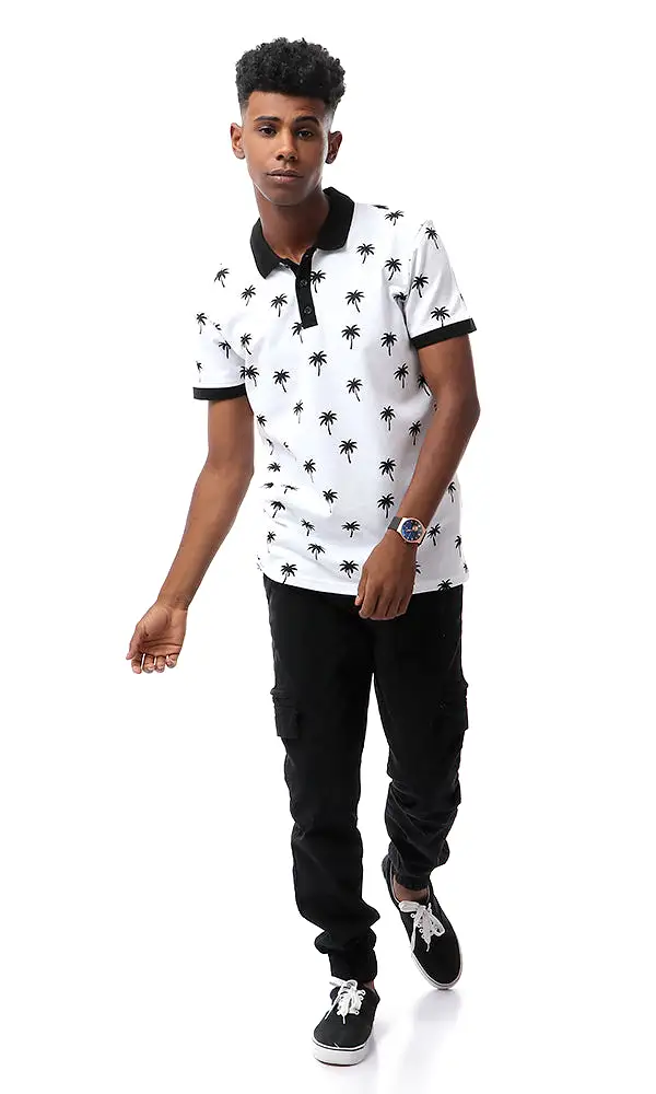 53113 Palms Turn Down Collar Polo Shirt - White & Black