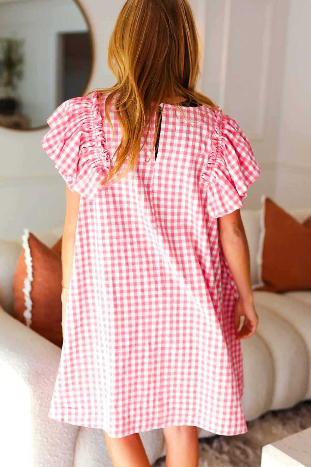 A True Beauty Pink Gingham Check Ruffle Sleeve Dress