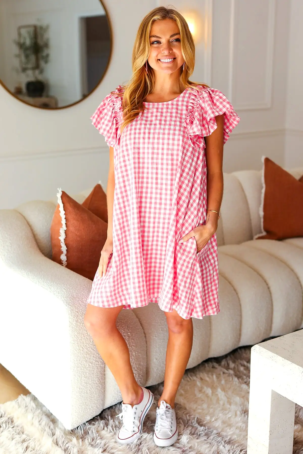 A True Beauty Pink Gingham Check Ruffle Sleeve Dress