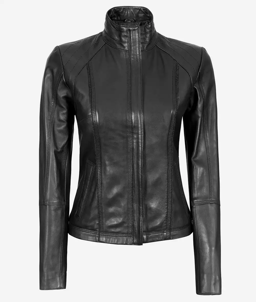 Acerra Womens Black Cafe Racer Leather Jacket