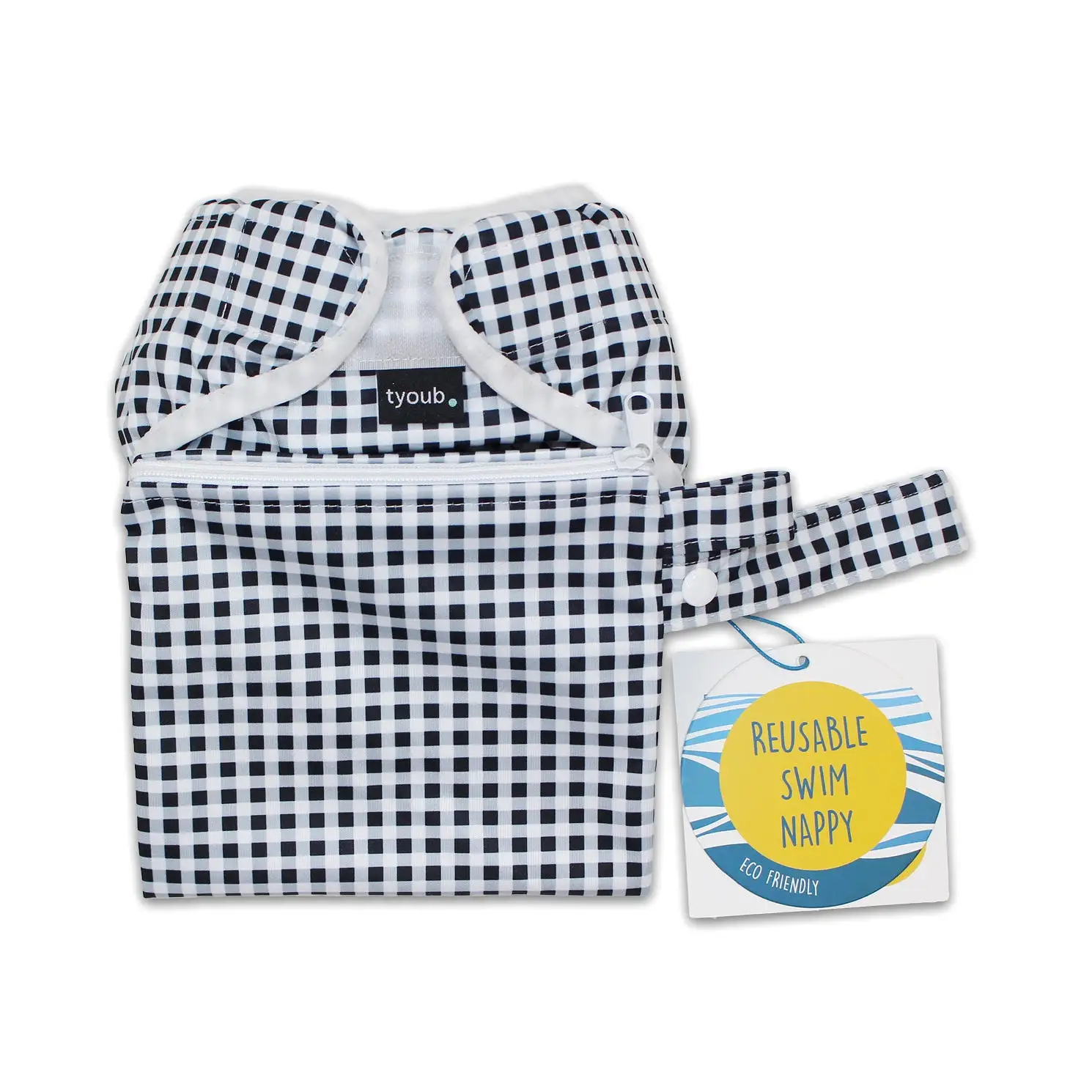 Adjustable Reusable Swim Nappy and Wet Bag - Black White Gingham Check