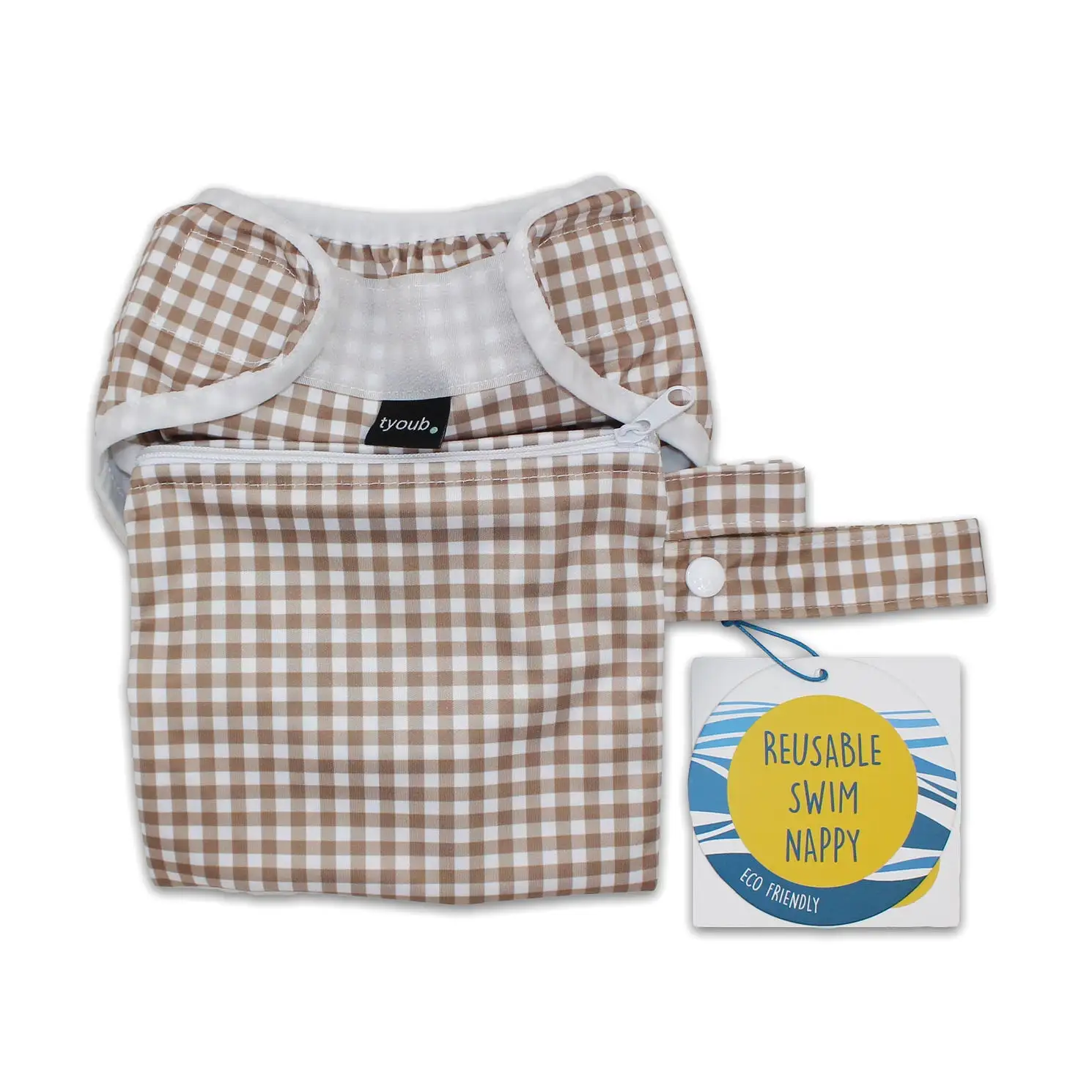 Adjustable Reusable Swim Nappy and Wet Bag - Fawn Gingham Check