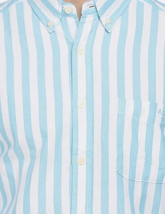 Aeropostale Men White and Blue Button-Down Collar Striped Shirt