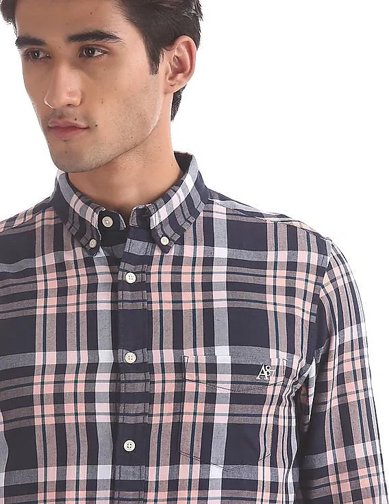 Aeropostale Navy And Pink Button Down Collar Check Shirt