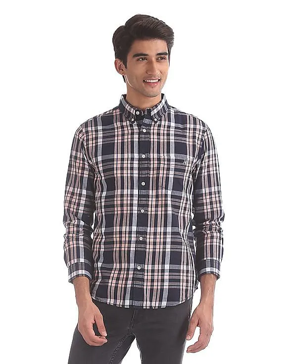 Aeropostale Navy And Pink Button Down Collar Check Shirt