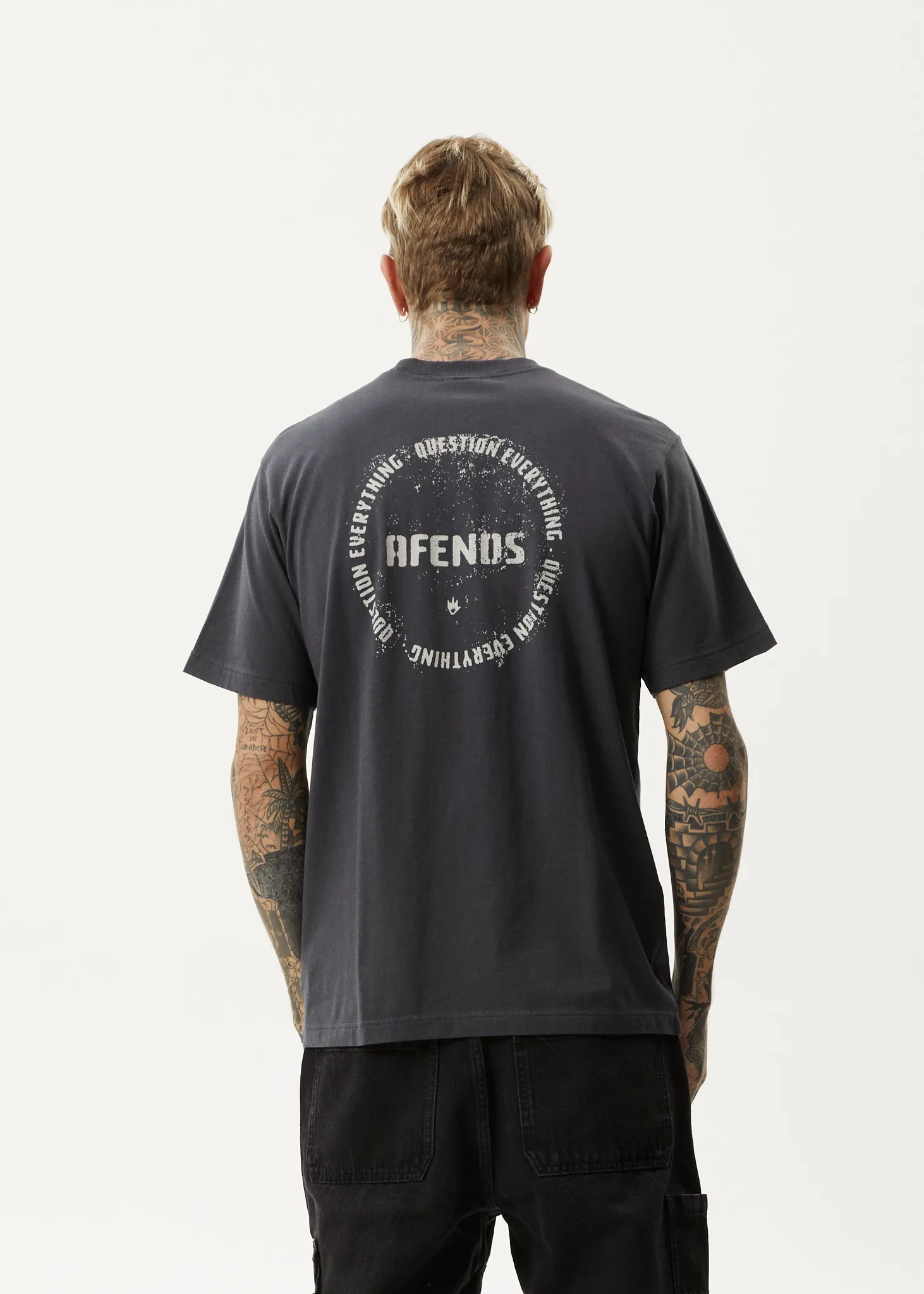 AFENDS Mens Questions - Retro T-Shirt - Charcoal