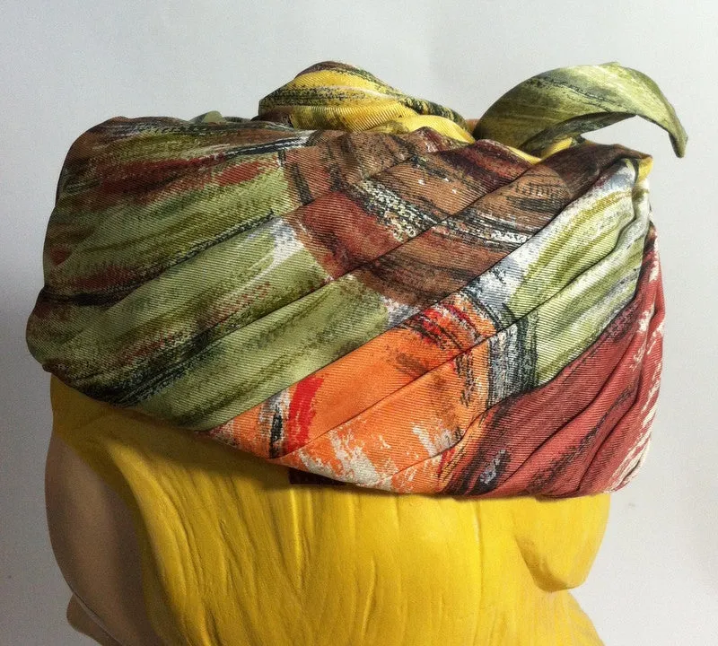 Autumnal Silk Scarf Wrapped Pillbox Hat w/ Stem circa 1960s Hattie Carnegie