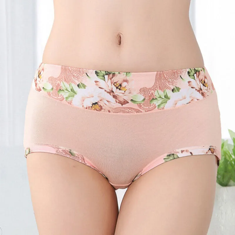 Bamboo Fiber Women Panties High Waist Underpants Sexy Flower Printed Belly In Carry Buttock Briefs Underwear SM6