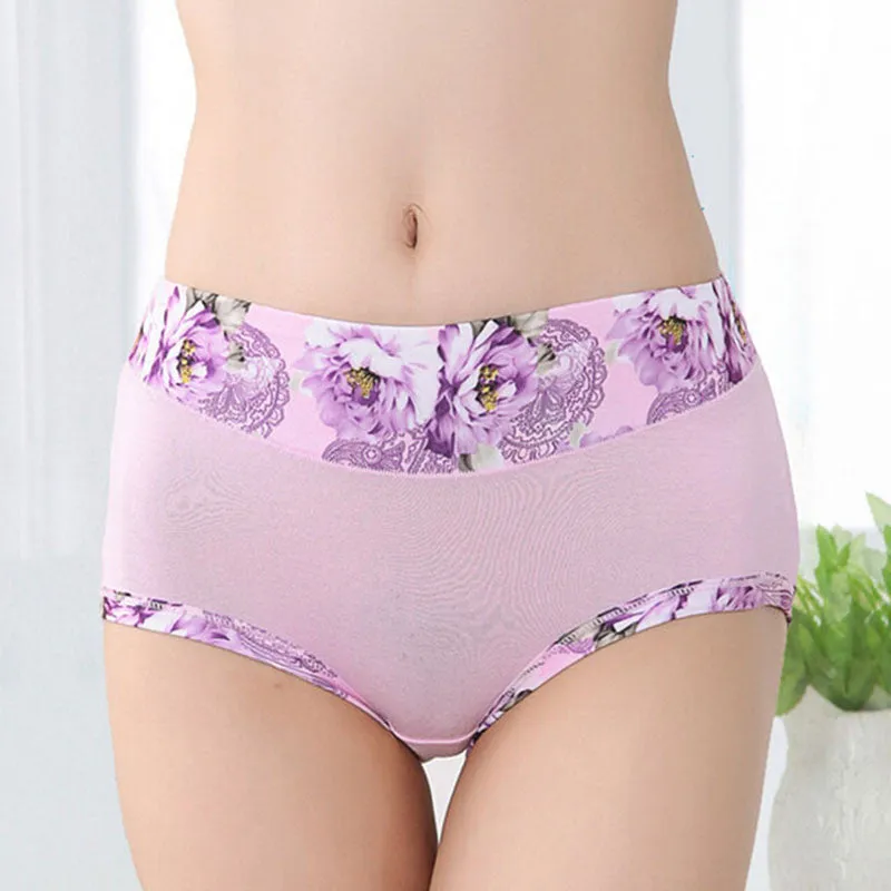 Bamboo Fiber Women Panties High Waist Underpants Sexy Flower Printed Belly In Carry Buttock Briefs Underwear SM6