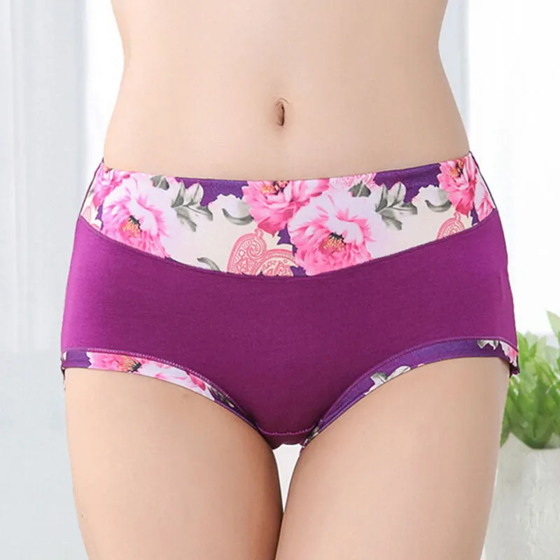 Bamboo Fiber Women Panties High Waist Underpants Sexy Flower Printed Belly In Carry Buttock Briefs Underwear SM6