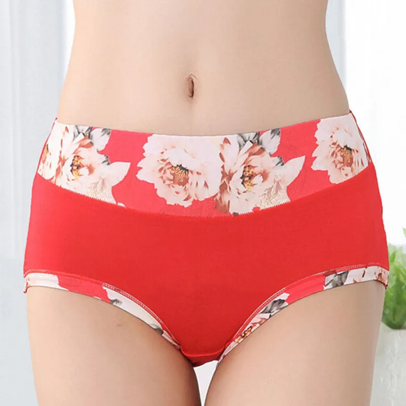 Bamboo Fiber Women Panties High Waist Underpants Sexy Flower Printed Belly In Carry Buttock Briefs Underwear SM6