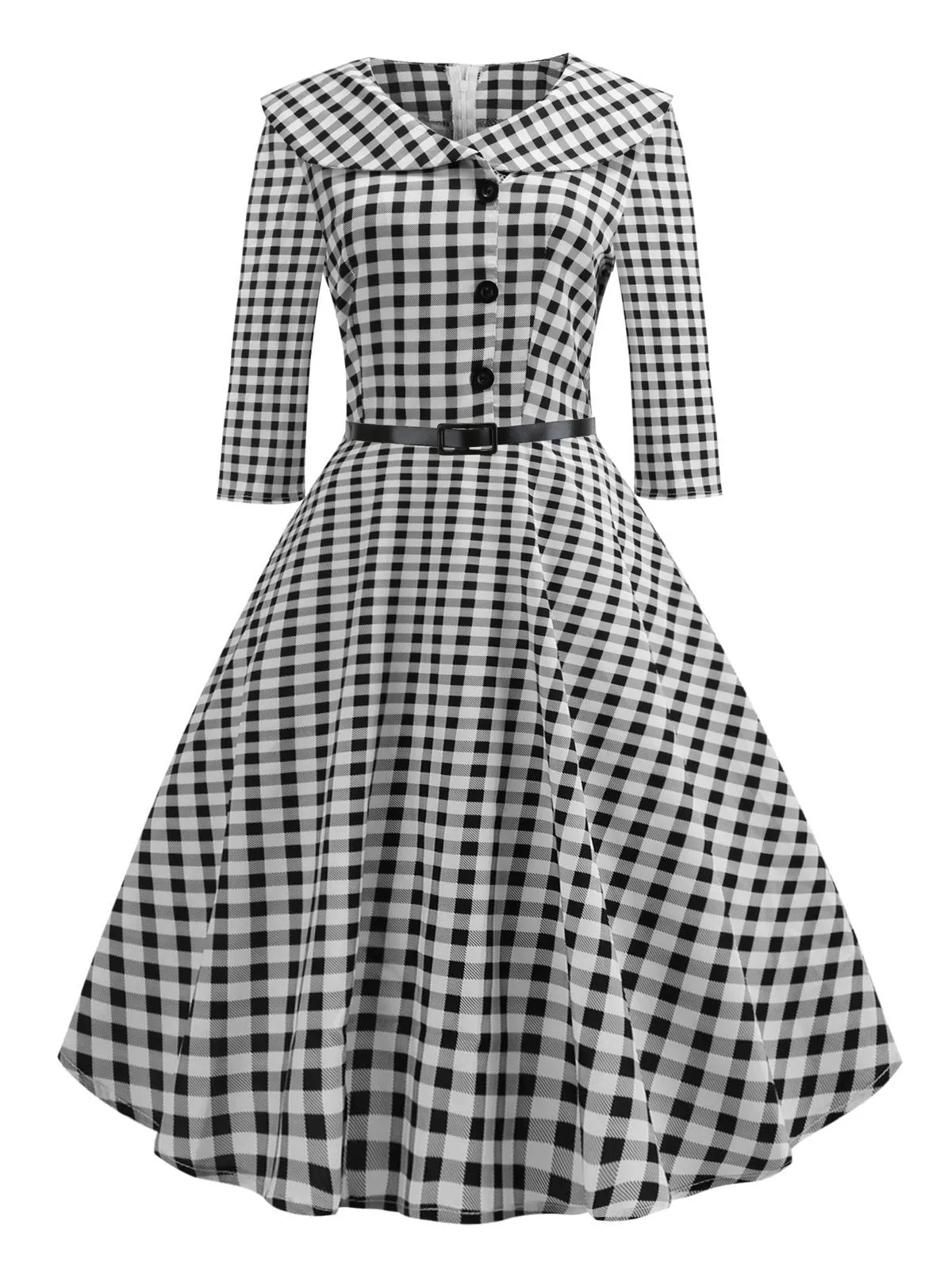 Black 1950s Plaid Turn-down Collar Dress