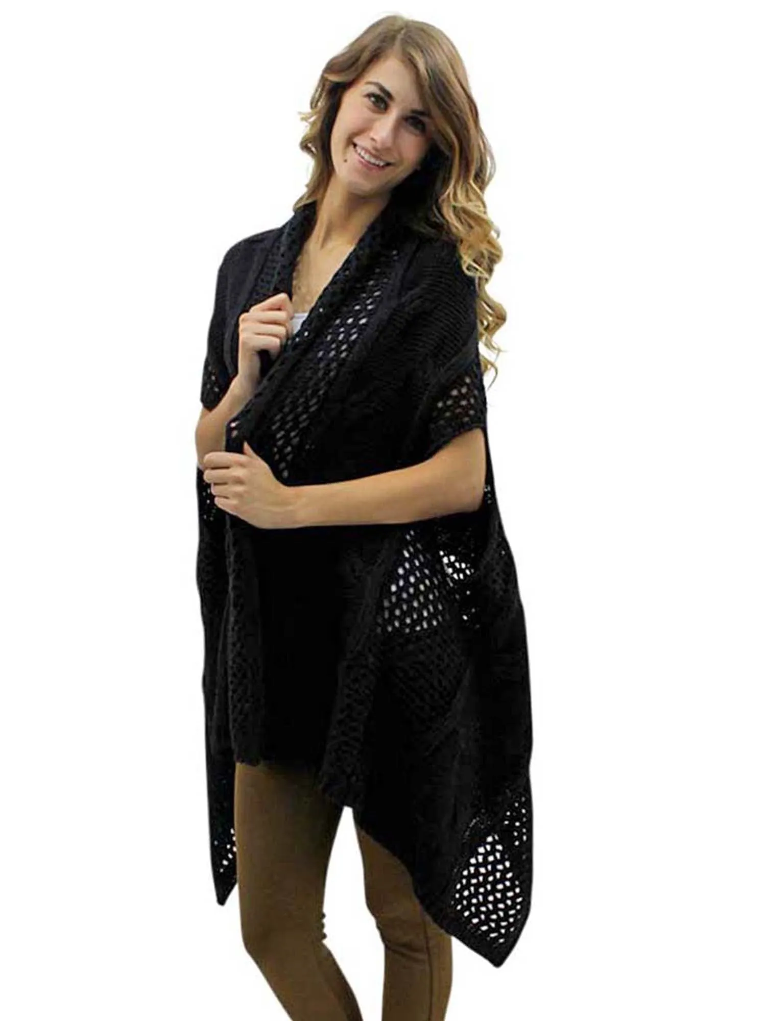 Black Open Knit Versatile Poncho Sweater Vest