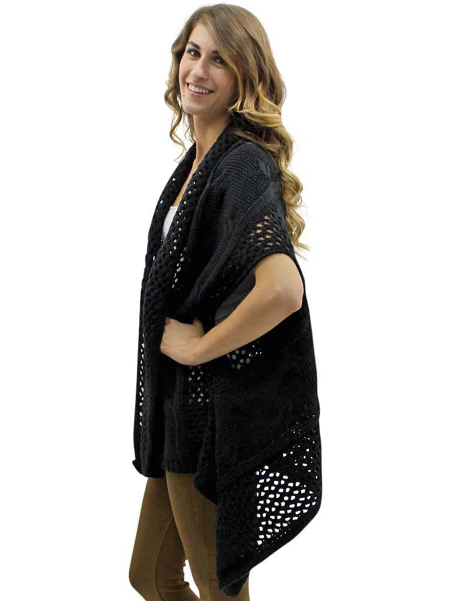 Black Open Knit Versatile Poncho Sweater Vest