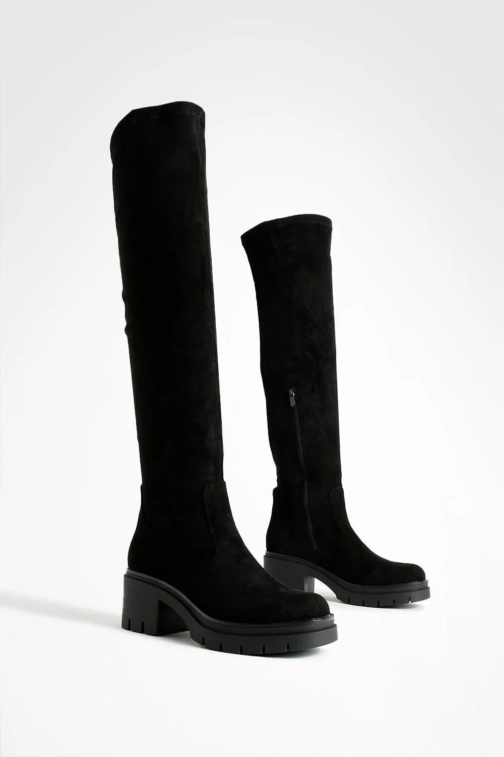 Block Heel Stretch Knee High Boots