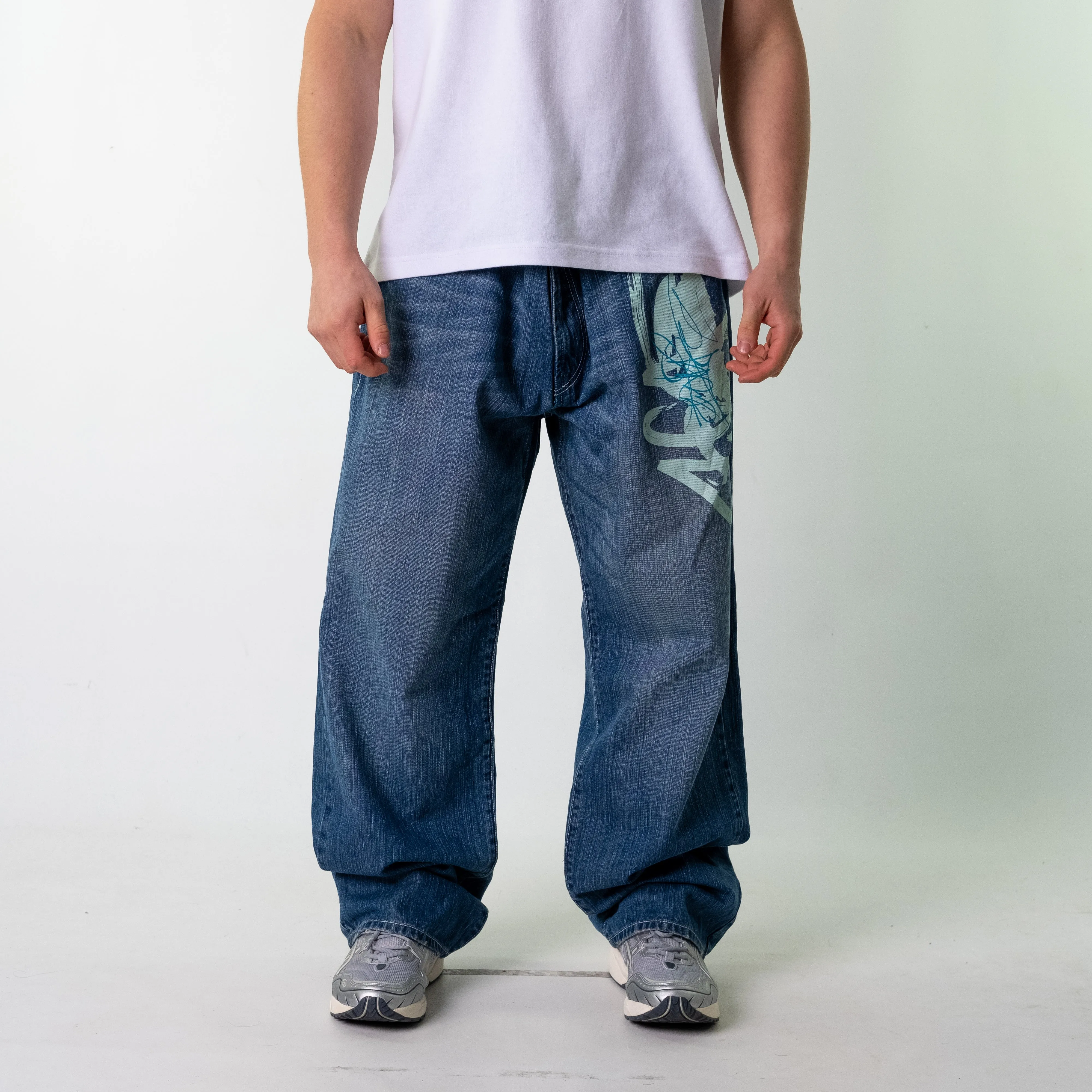 Blue Denim 90s Baggy Hip Hop Enyce Cargo Skater Trousers Pants Jeans (38x32)