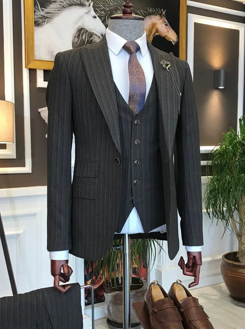 Bojoni Brown Striped Slim-Fit Suit 3-Piece