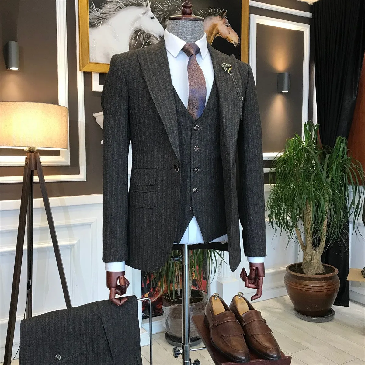 Bojoni Brown Striped Slim-Fit Suit 3-Piece