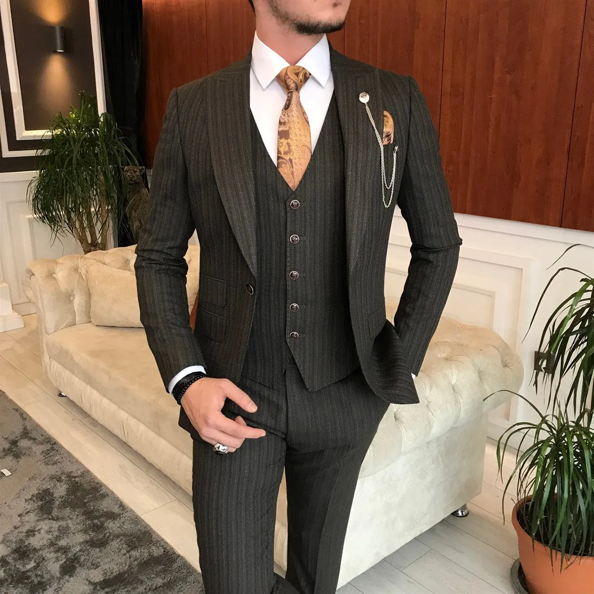 Bojoni Brown Striped Slim-Fit Suit 3-Piece