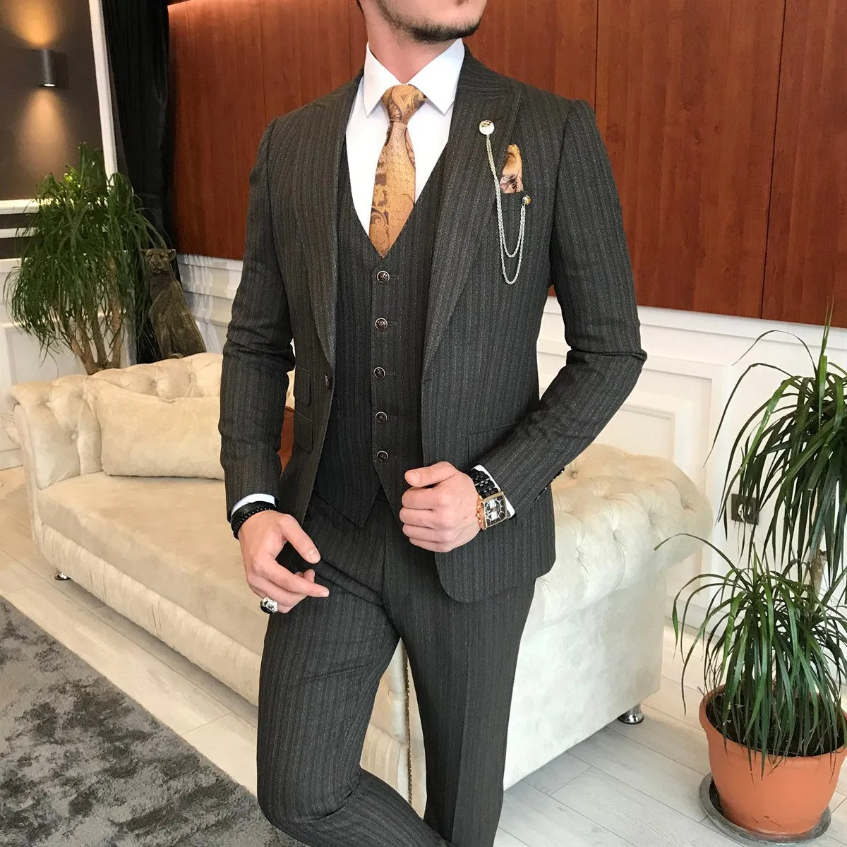 Bojoni Brown Striped Slim-Fit Suit 3-Piece