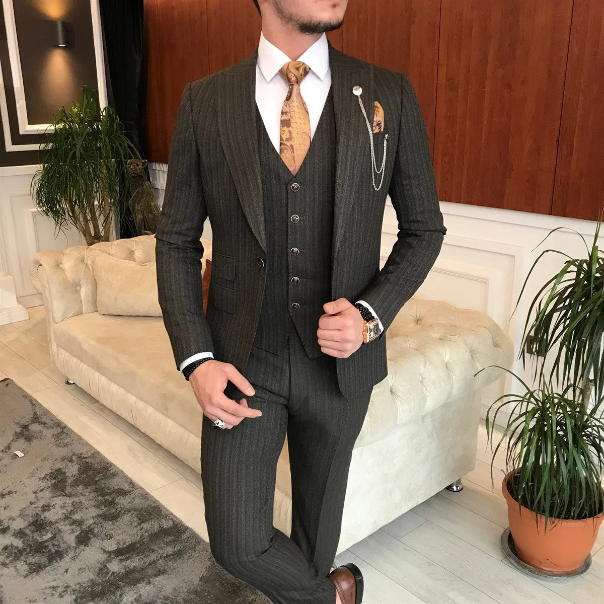 Bojoni Brown Striped Slim-Fit Suit 3-Piece