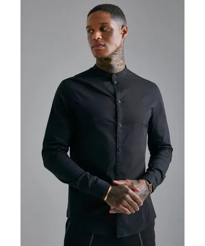 boohooMAN Mens Long Sleeve Slim Grandad Shirt