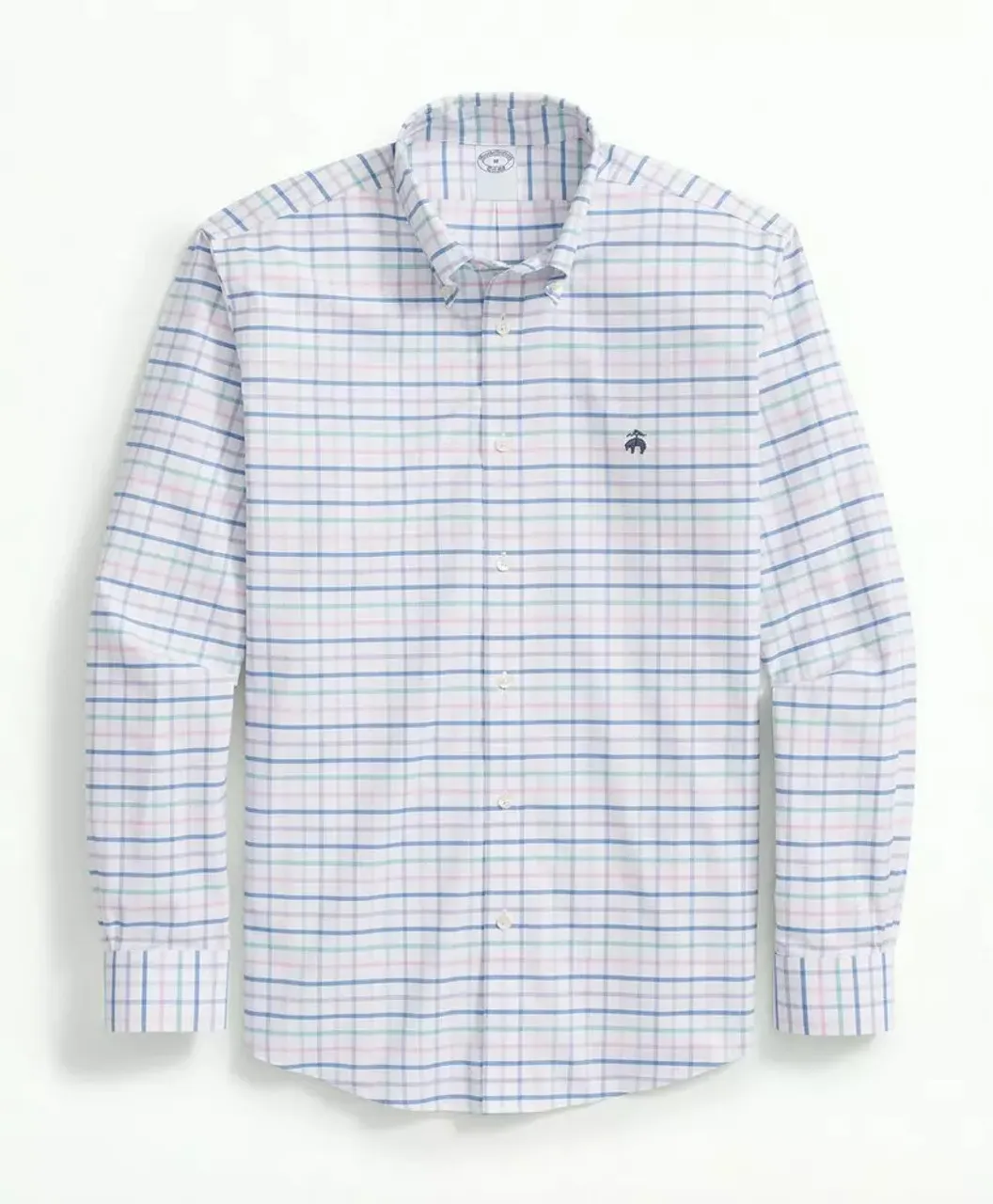 Brooks Brothers Stretch Cotton Non-Iron Oxford Polo Button Down Collar, Multi Windowpane Shirt: Pink