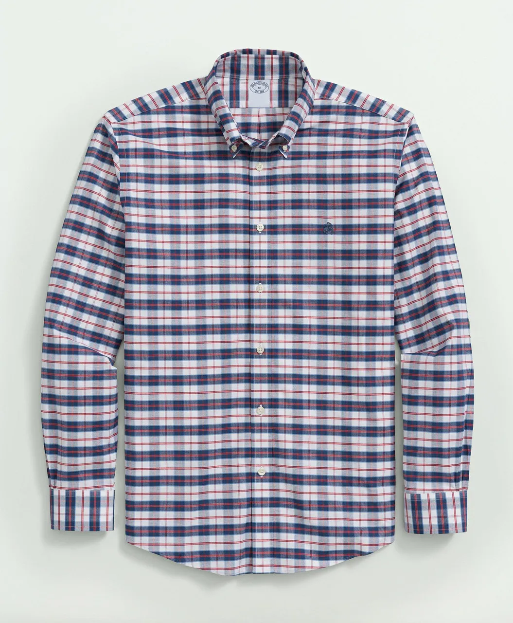 Brooks Brothers Stretch Non-Iron Oxford Polo Button-Down Collar, Checked Shirt: Navy