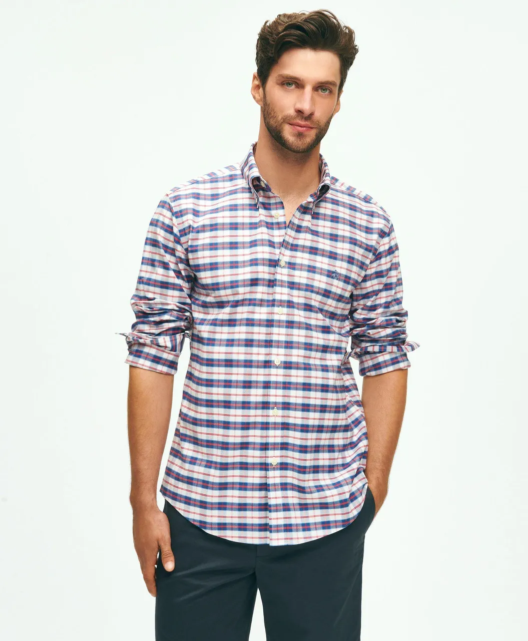 Brooks Brothers Stretch Non-Iron Oxford Polo Button-Down Collar, Checked Shirt: Navy