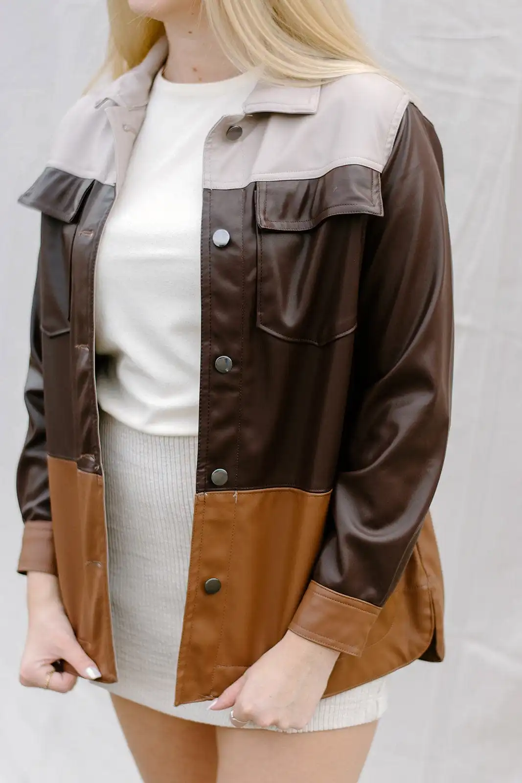 Brown Leather Colorblock Shacket