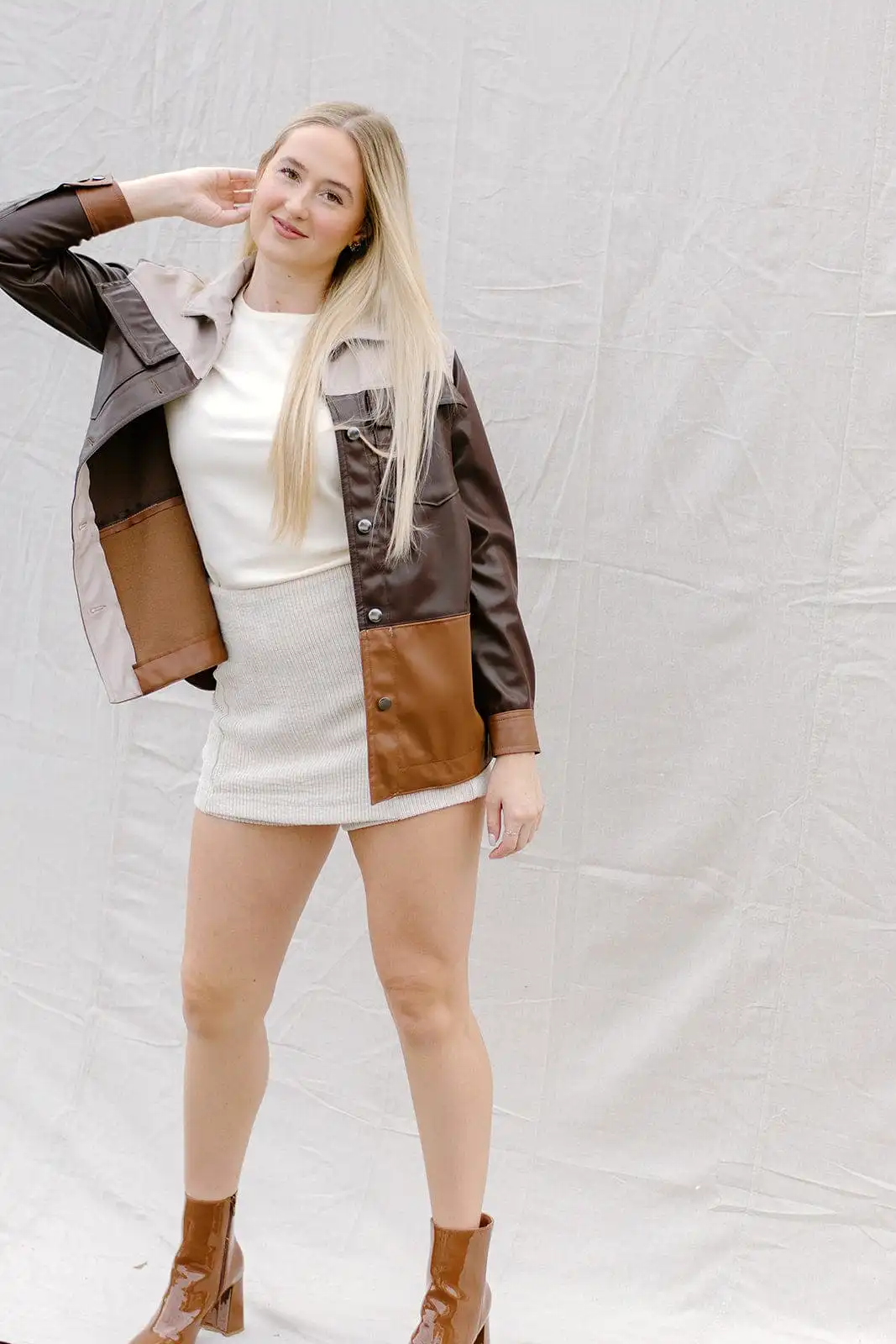 Brown Leather Colorblock Shacket