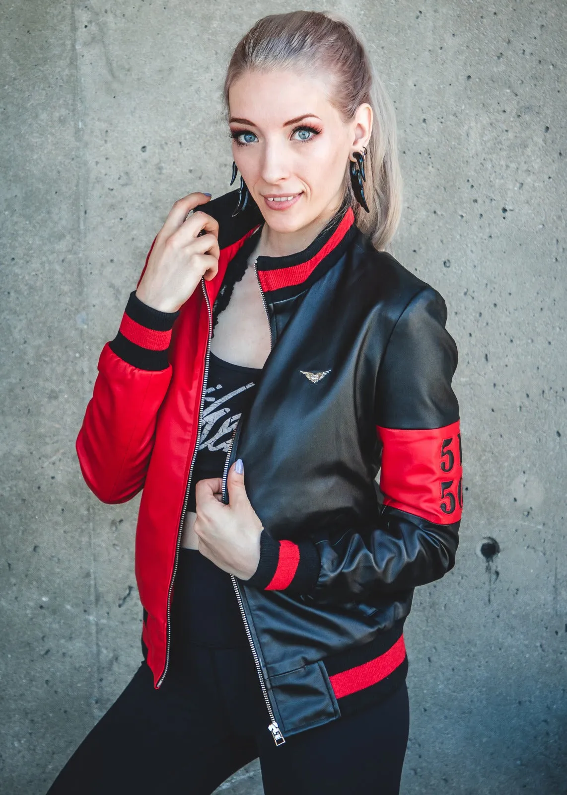 Buy Womens Harley Quinn Bomber Leather Jacket Black Red Classic split 51 50