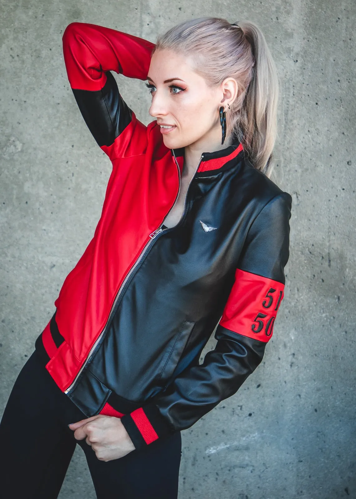 Buy Womens Harley Quinn Bomber Leather Jacket Black Red Classic split 51 50