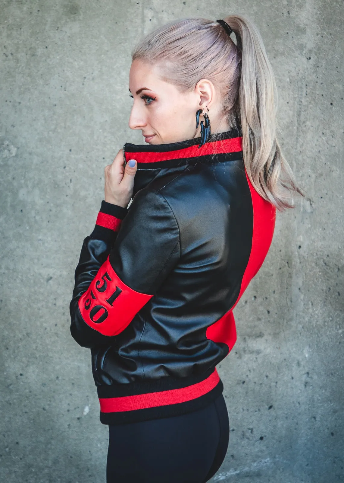 Buy Womens Harley Quinn Bomber Leather Jacket Black Red Classic split 51 50