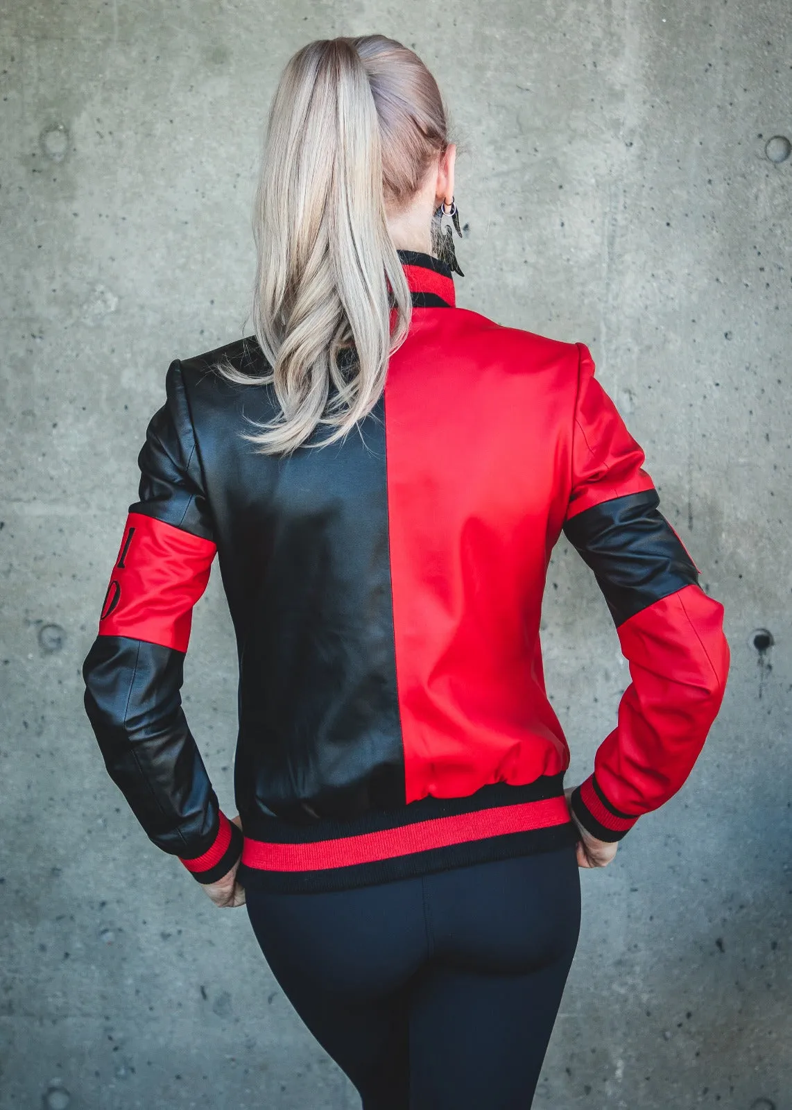 Buy Womens Harley Quinn Bomber Leather Jacket Black Red Classic split 51 50