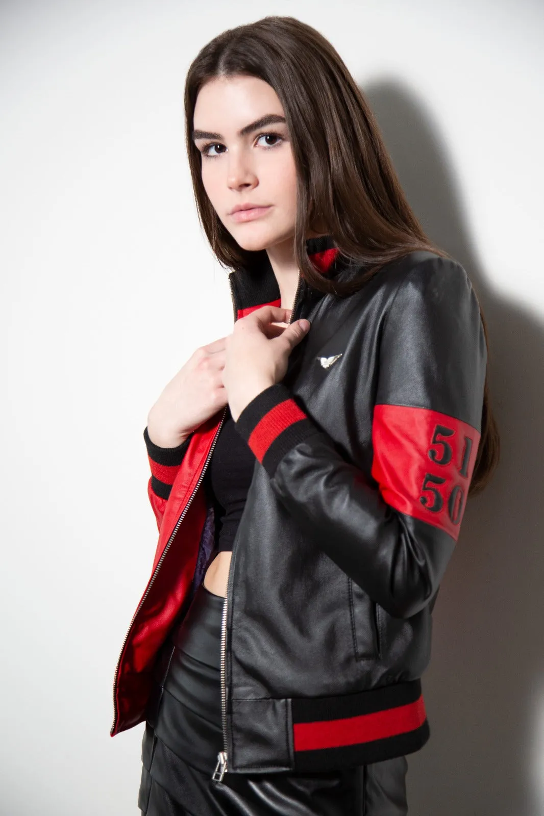 Buy Womens Harley Quinn Bomber Leather Jacket Black Red Classic split 51 50