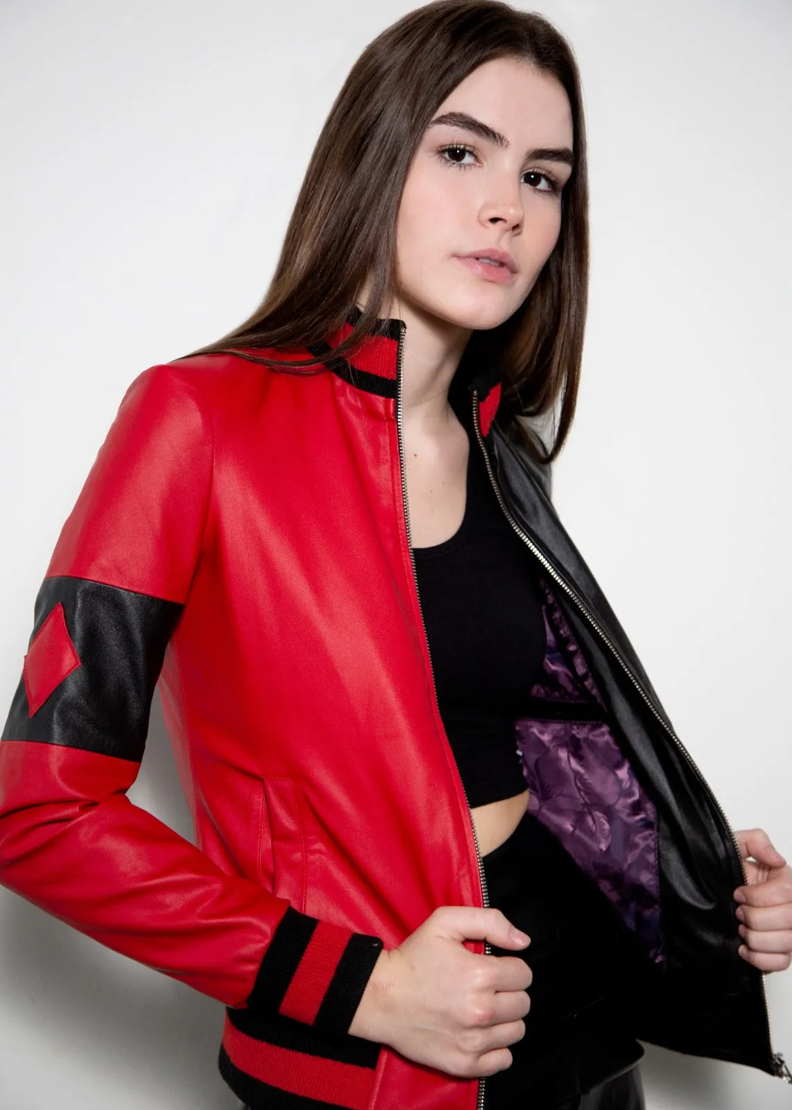 Buy Womens Harley Quinn Bomber Leather Jacket Black Red Classic split 51 50