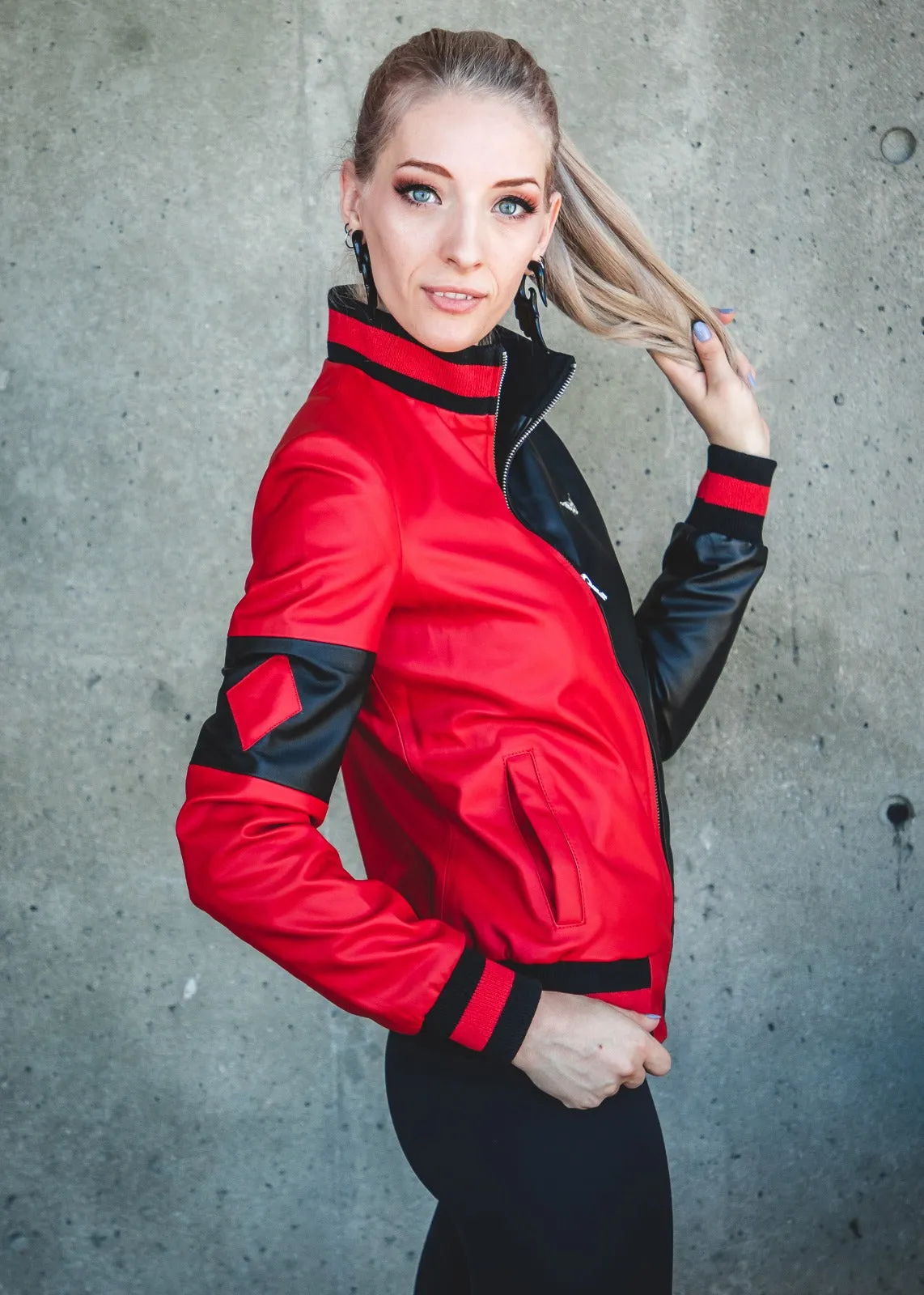 Buy Womens Harley Quinn Bomber Leather Jacket Black Red Classic split 51 50