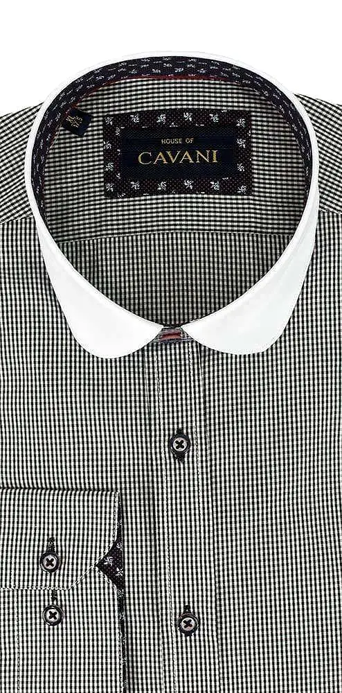 Cavani Men's Penny Round Collar Black Gingham Check Formal Peaky Blinders Shirt