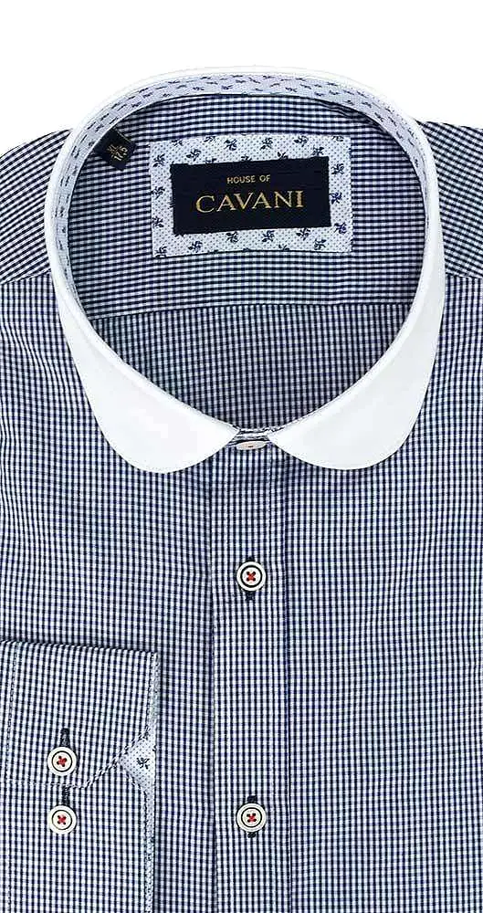 Cavani Men's Penny Round Collar Navy Gingham Check Formal Peaky Blinders Shirt