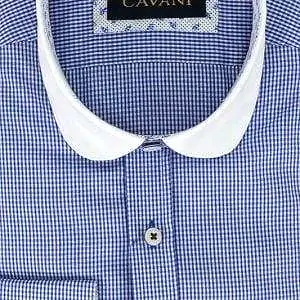 Cavani Men's Penny Round Collar Royal Blue Gingham Check Formal Peaky Blinders Shirt