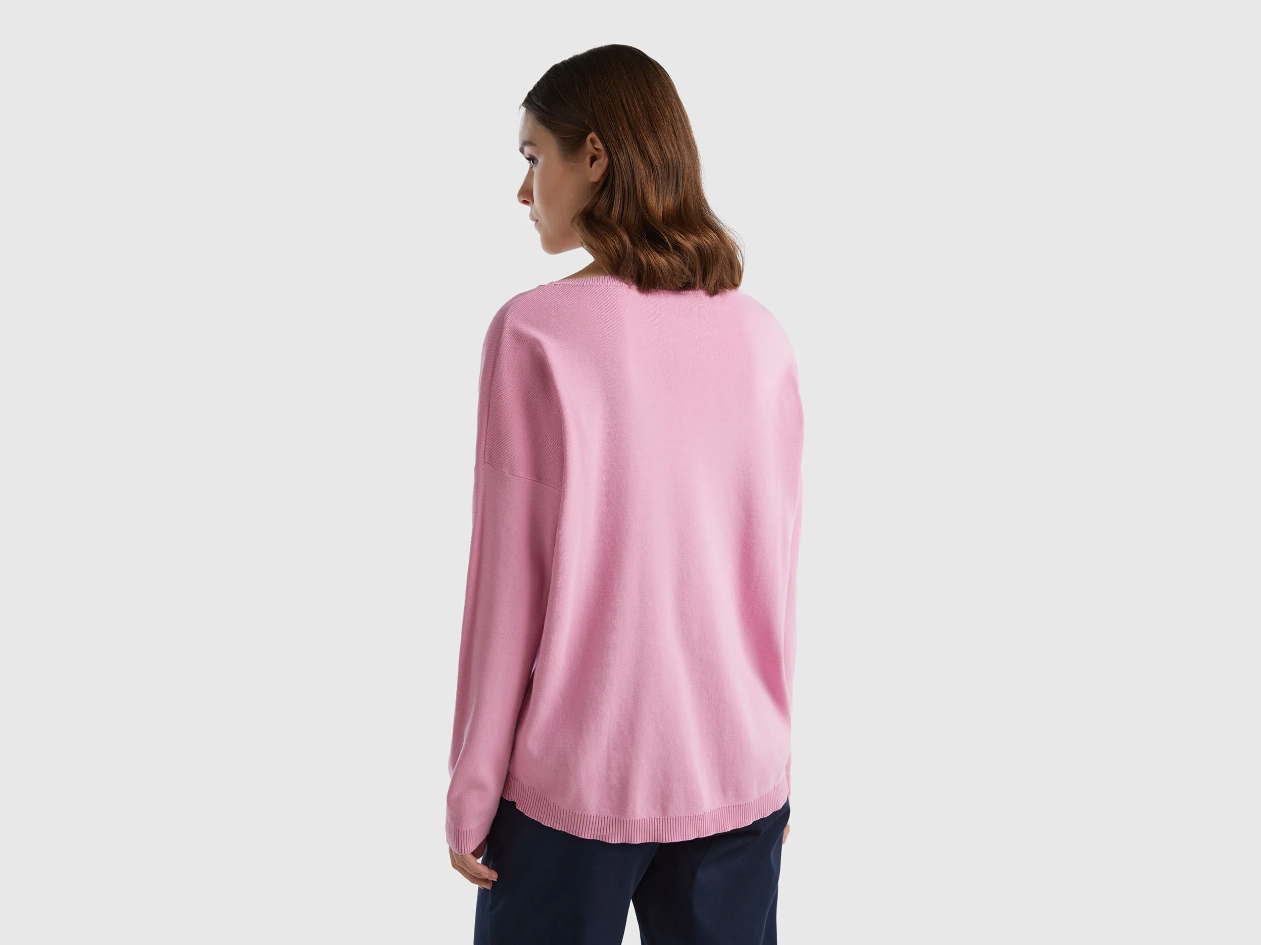 Cotton sweater with round neck - Pastel Pink | Benetton