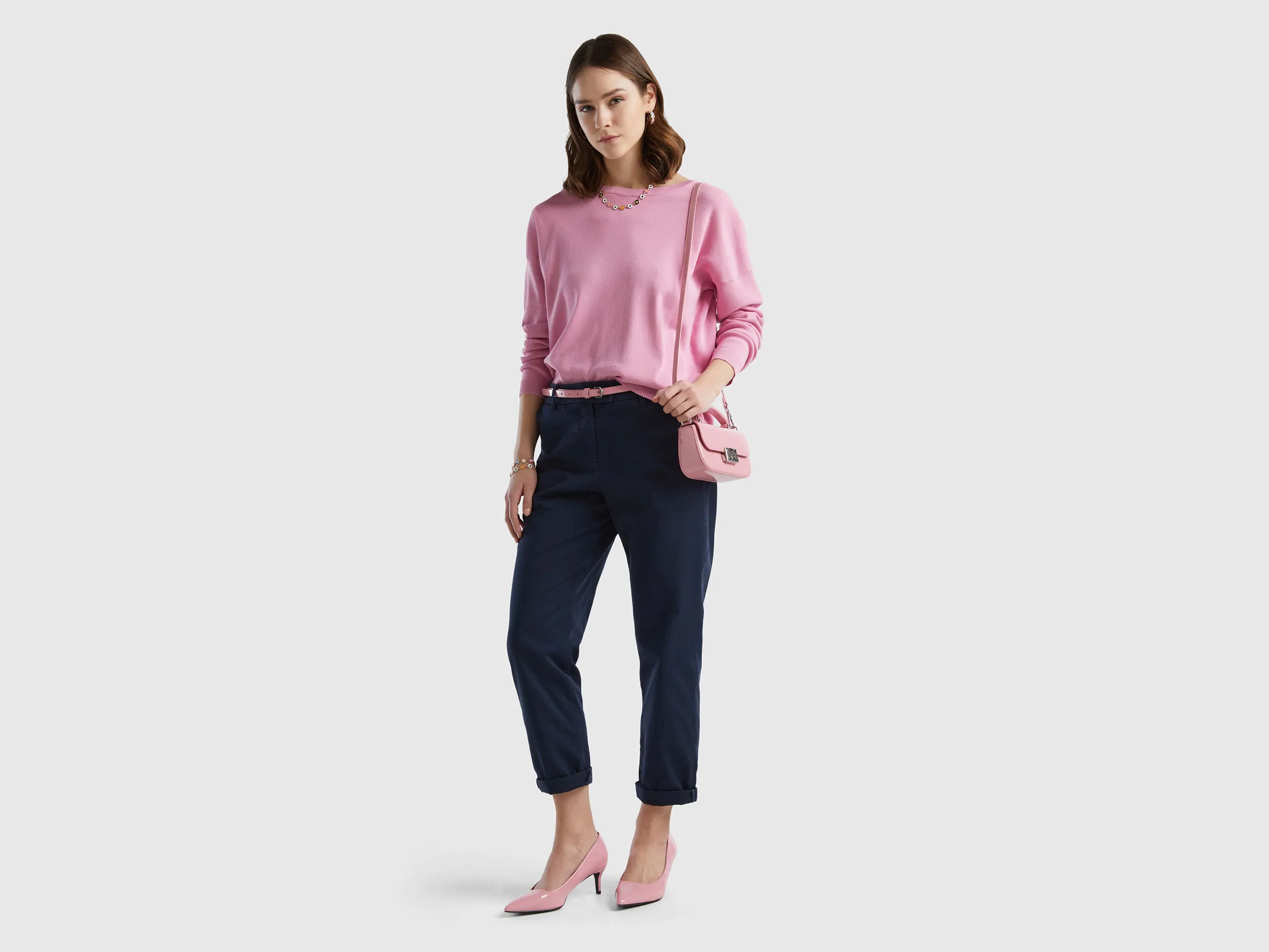 Cotton sweater with round neck - Pastel Pink | Benetton