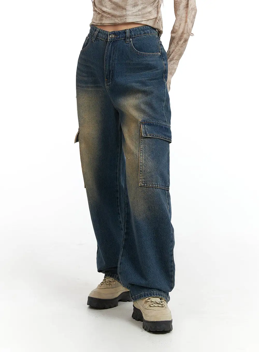 Denim High Waist Wide Leg Pocket Cargo Jeans IJ411